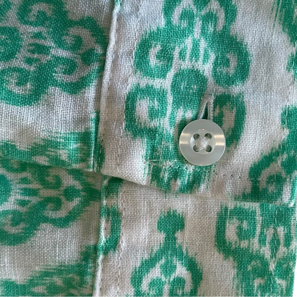 Chicos Women’s Linen Size Large Ikat Buttondown Top No Iron Green Boho 3/4 Slv - Picture 9 of 9